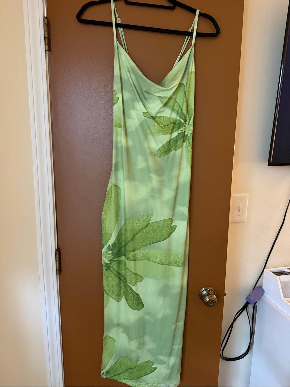 SHEIN Green Leaf Print Cowl Slip Maxi Dress